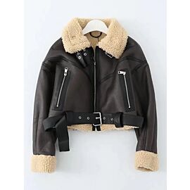 Ailegogo Winter Women Streetwear Faux Lamb Leather Fur Short Jacket with Belt Moto Biker Thick Warm Sheepskin Coat Outwear