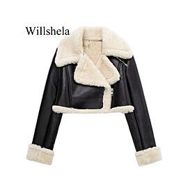 Willshela Women Fashion Solid Front Zipper Jackets Vintage Lapel Neck Long Sleeves Female Chic Lady Outfits