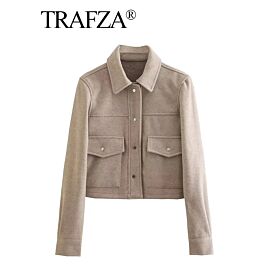 TRAFZA Jackets For Womens Autumn Fashion Solid Front Pockets Button Long Sleeve Jacket Elegant Woman Casual Outerwear Coat