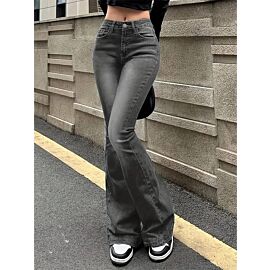 Women Flare Stretch Moustache Jeans Fashion Skinny Bell Bottom High Waist Gray Denim Pants Lady Classic Y2K Punk Long Trousers