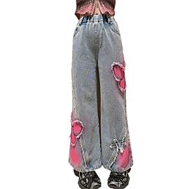 2024 Big Hot Deals Girls Fashion Spray-Painting Butterfly Denim Wide Leg Pants High Waist Korea Style Long Jeans Teens Trousers