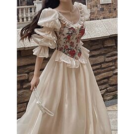 Vintage Elegant Print Floral Dress Women 2023 Autumn O-neck Casual Evening Party Midi Dress Female Puff Sleeve Korea Fairy Dress