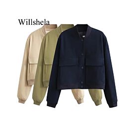 Willshela Women Fashion Solid Bomber Jackets Coat With Pockets V-Neck Single Breasted Long Sleeves Female Chic Lady Outfits